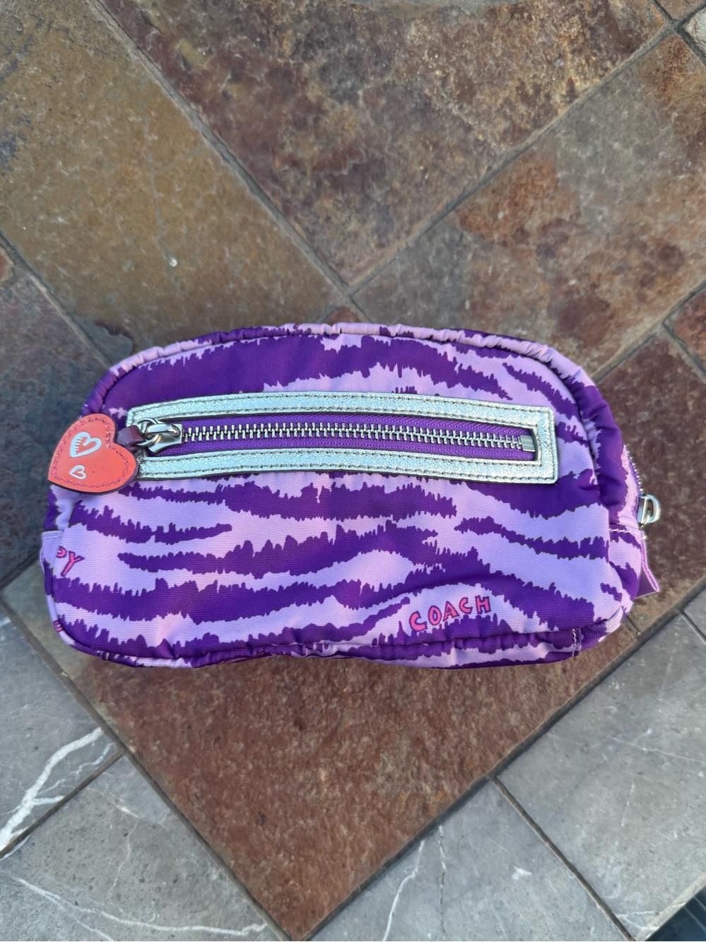 Coach Poppy Graffiti Hearts Purple Zebra Animal Print Nylon Pouch Case